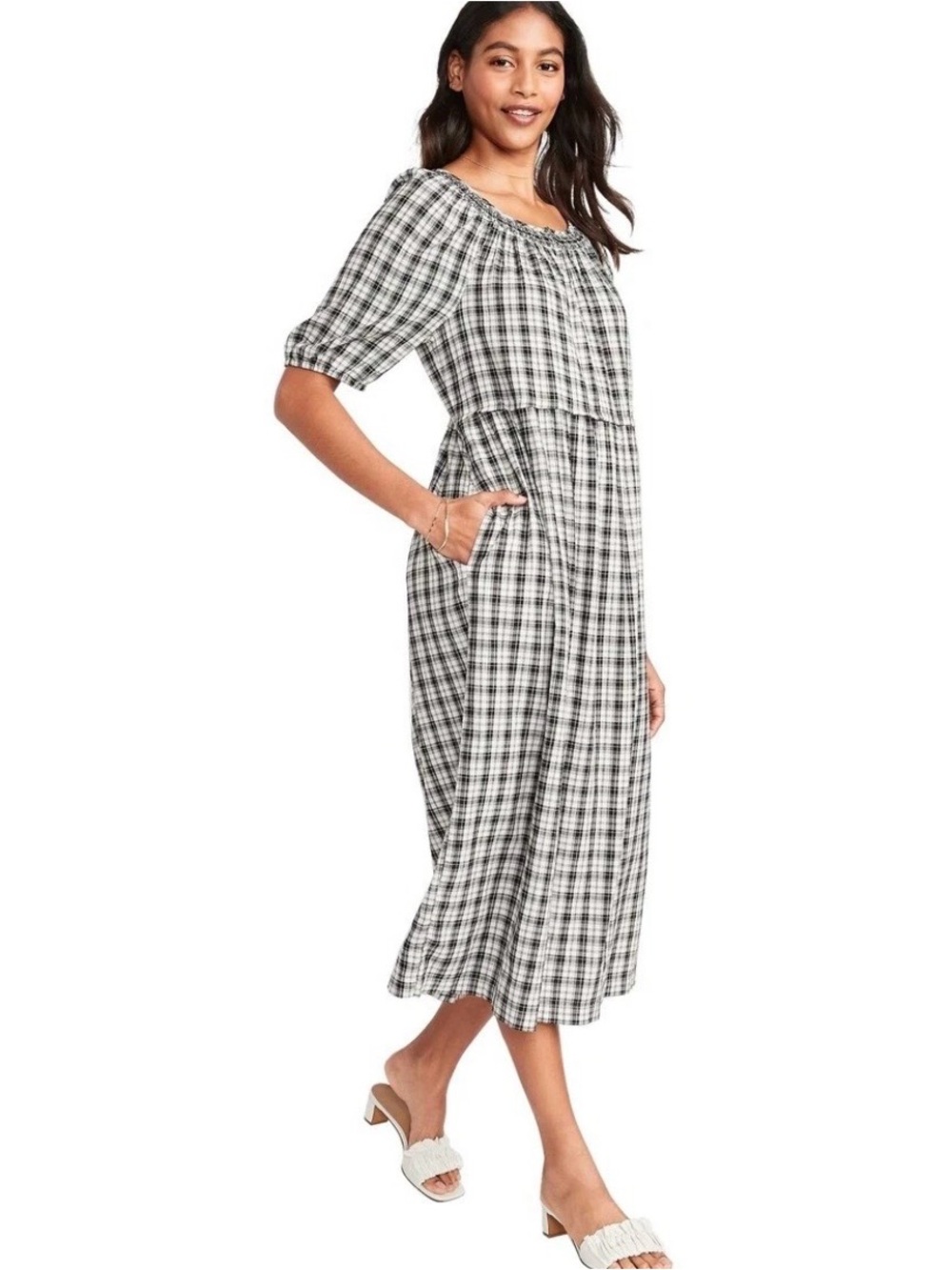 Old Navy Plaid Puff Sleeve Smocked Midi Swing Dress Size XL Cottagecore Peasant - Picture 11 of 16